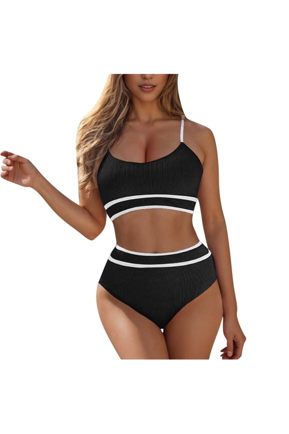Women Bikini Two Piece Color Block Ribbed Knit Thin Strap Swimsuit And Tummy Control Bottom Simple Summer