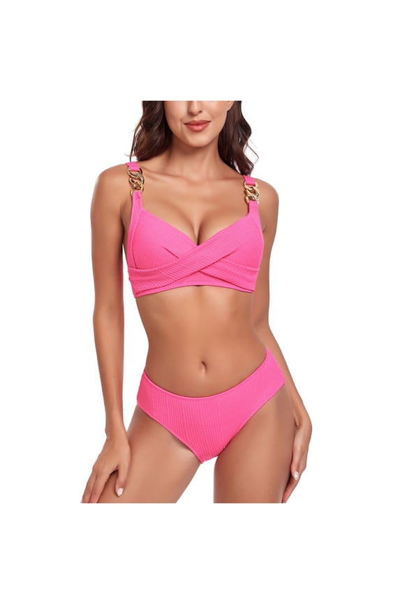 Women Bikini Two Piece Sexy Metal Chain Knot Front Push Up Swimsuit With Bottom Cute Cheeky