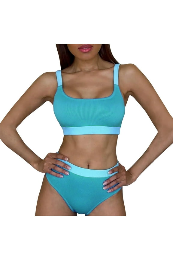 Women High Waisted Bikini Set Cute Bikinis for Teen Girl Sports Color Block Swimsuit 2 Piece High Cut Bathing Suit