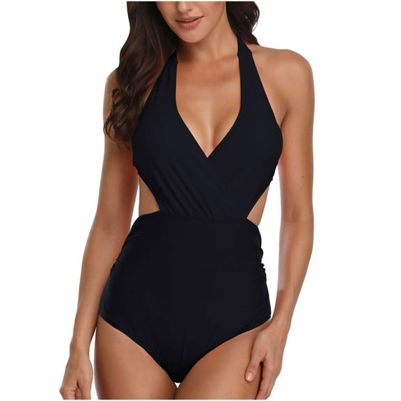 Lopeceal Women One Piece Print Swimsuit High Waist Beachwear Cutouts Bathing Suit V Neck Halter Cutout Tummy Control Swimwear