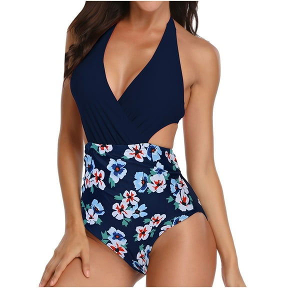 Lopeceal Women One Piece Print Swimsuit High Waist Beachwear Cutouts Bathing Suit V Neck Halter Cutout Tummy Control Swimwear