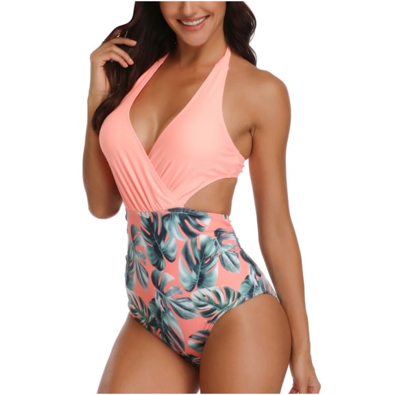 Lopeceal Women One Piece Print Swimsuit High Waist Beachwear Cutouts Bathing Suit V Neck Halter Cutout Tummy Control Swimwear
