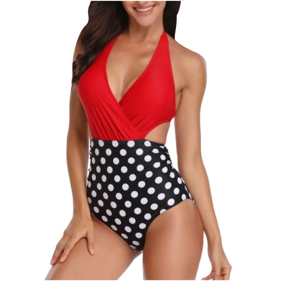 Lopeceal Women One Piece Print Swimsuit High Waist Beachwear Cutouts Bathing Suit V Neck Halter Cutout Tummy Control Swimwear