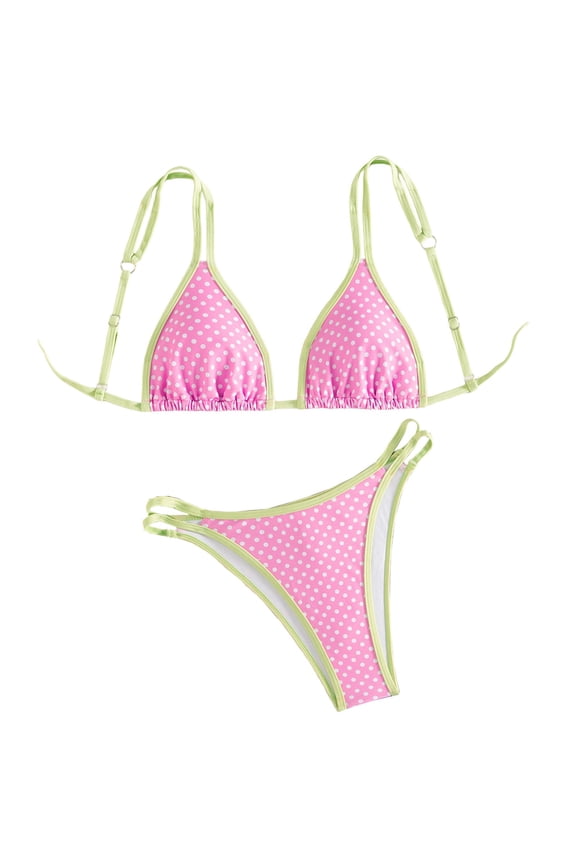 Women Pink Bikini 2 Piece Cute Polka Dot Double Strap Back Tie Swimsuit And Bottom Sweet Cheeky