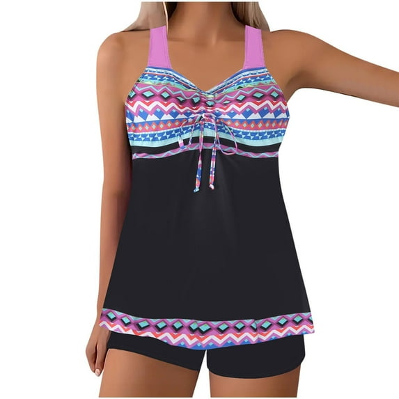 Lopeceal Women Plus Size Tankini 2 Piece Print Drawstring Push Up Loose Fit Tummy Control Swimsuit And Solid Shorts