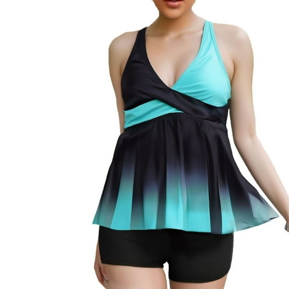 Lopeceal Women Plus Size Tankini 2 Piece Set Color Block Gradient Cross Push Up Tummy Control Swimsuit And Solid Shorts
