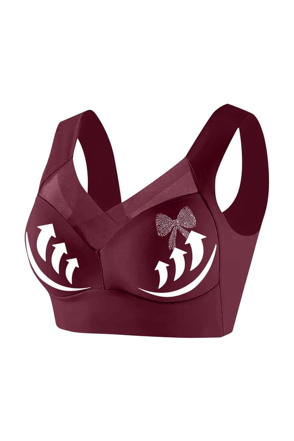 Women Plus Size Wireless Bra Bow Rhinestone Strong Support Lifting Side Shaping Push Up Bra Comfort Breathable