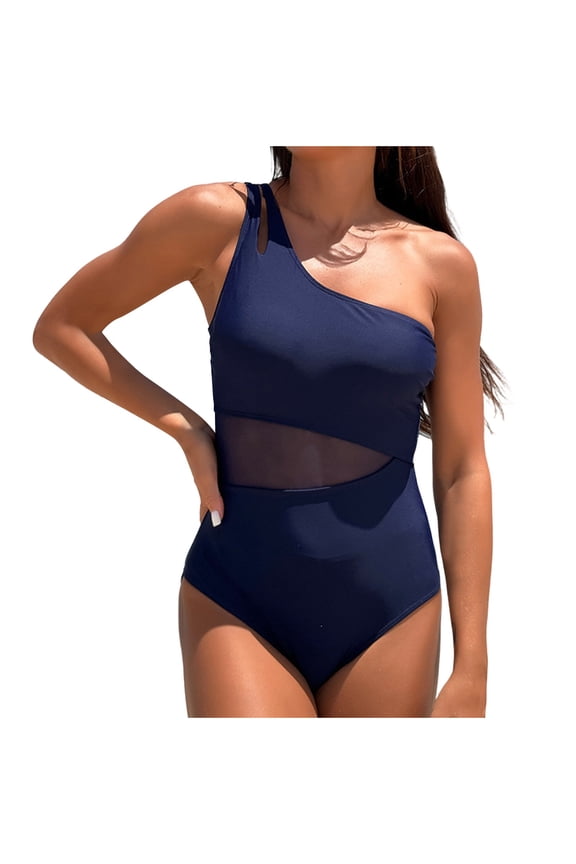 Women Sexy One Shoulder One Piece Swimsuits Fashion Cut Out Mesh See Through Double Strap Tummy Control Bathing Suits