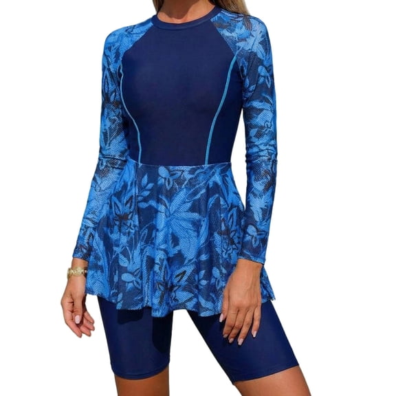 Lopeceal Women Split Two-Piece Swimsuit Breathable Mesh Short Sleeve Floral Print Swim Dress with Boyshorts Modest Bathing Suit