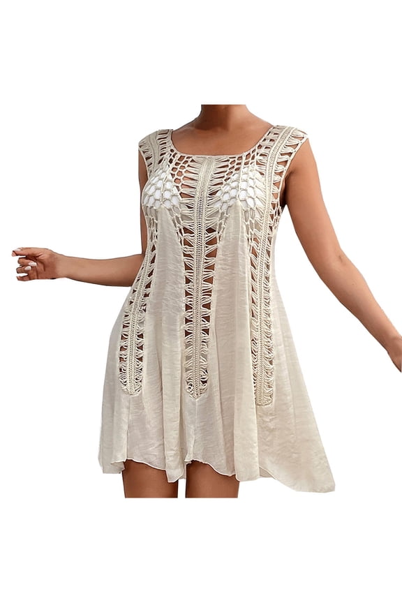 Women Swimsuit Cover Up Fashion Crochet Patchwork Asymmetrical Hem Sleeveless Bikini Cover Up Dress Summer Vacation