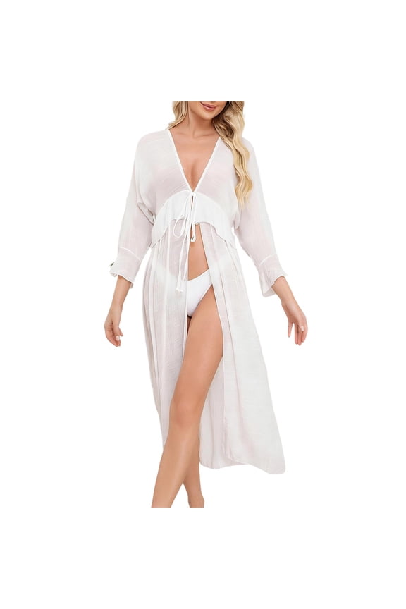 Women Swimsuit Cover Up Ruffle Patchwork Mesh Sheer Sun Protection Long Sleeve Bikini Cardigan Cover Up Summer Vacation
