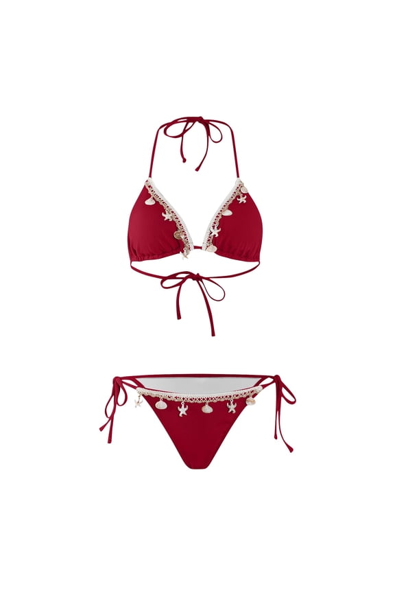 Women Triangle Bikini Set Shell Tassel Lace Trim Halter Swimsuit And Side Tie Thong Beach Vacation