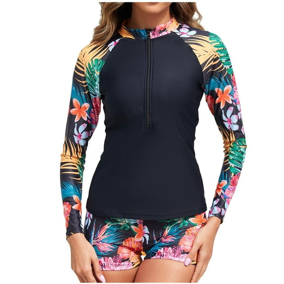 Lopeceal Women Two Piece Rash Guard Long Sleeve Swimwear UV UPF 50+ Bathing Suit Tropical Print Swim Shirt with Boyshort Bottom