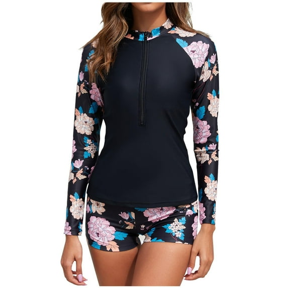 Lopeceal Women Two Piece Rash Guard Long Sleeve Swimwear UV UPF 50+ Bathing Suit Tropical Print Swim Shirt with Boyshort Bottom