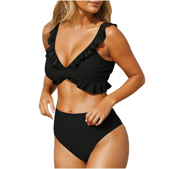 Lopeceal Women's 2 Piece Bikini Set Ruffle Trim Bathing Suit V Neck Tie Back High Waisted Swimsuit