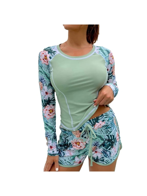 Women's 2 Piece Rash Guard Swimsuit Set Floral Print Long Sleeve Swim Shirts with Shorts Bathing Suit Surf Swimwear