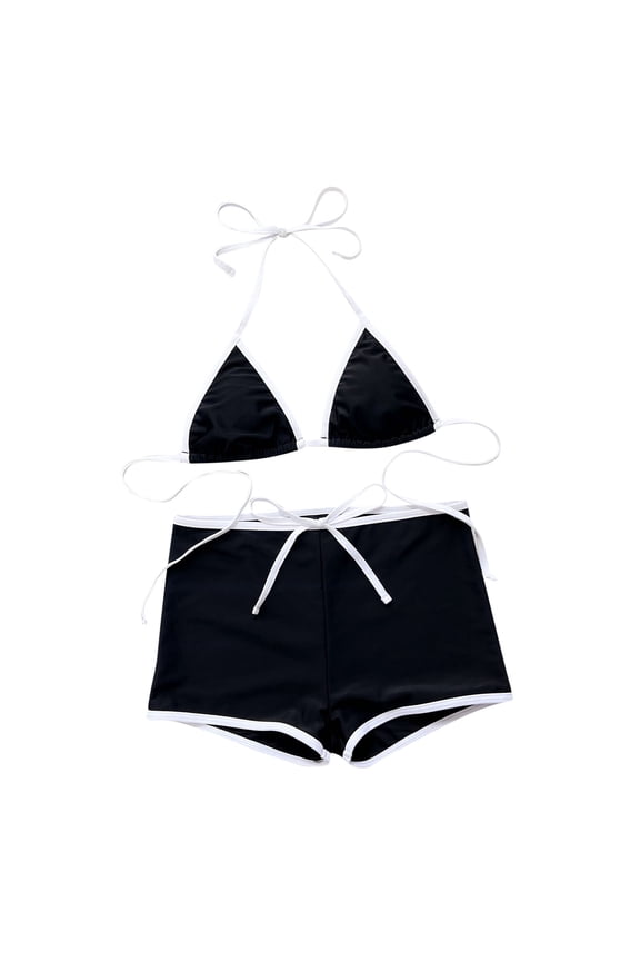 Women's 2 Piece Swimsuit Contrast Trim Halter Triangle Top with Shorts Bathing Suits Bikini Set