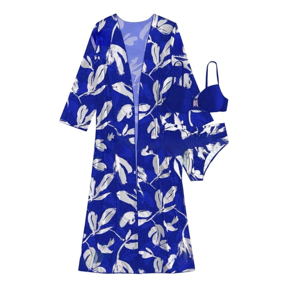 Lopeceal Women's 3 Piece Swimsuit Tropical Push Up High Waisted Bikini with Kimono Cover Up