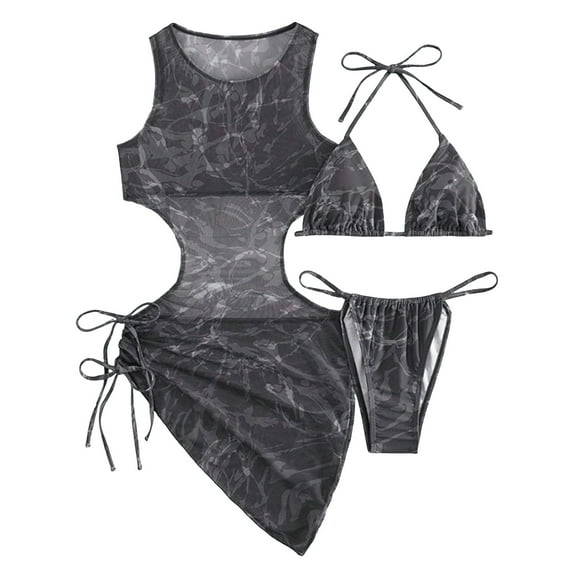 Lopeceal Women's 3 Piece Tie Dye Swimsuits Halter Bikini Set with Cover Up Dress