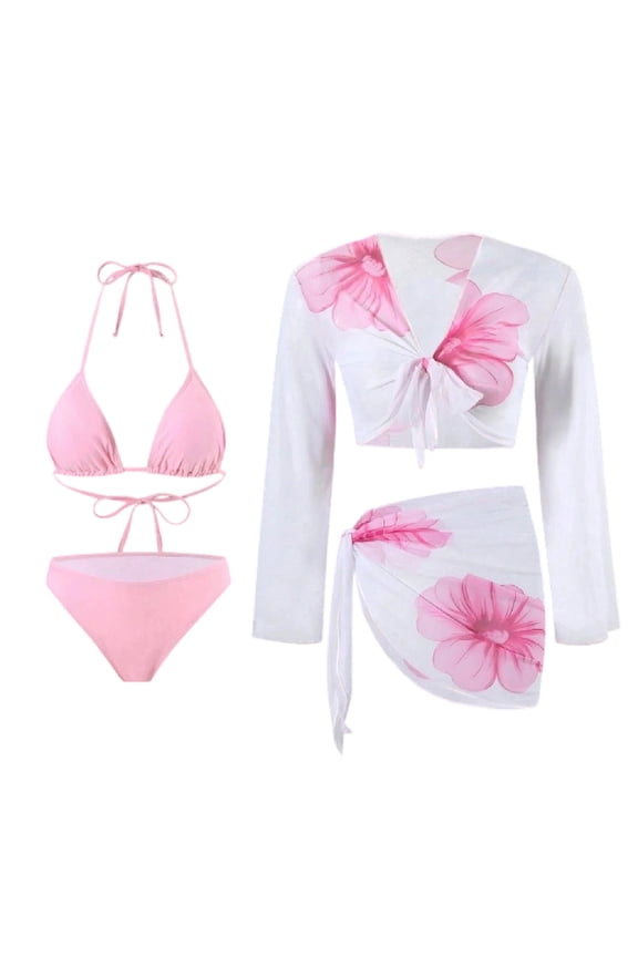 Women's 4 Piece Swimsuit Sexy Halter Triangle Bikini Sets with Beach Cover Ups Swimwear Floral Printed Bathing Suit