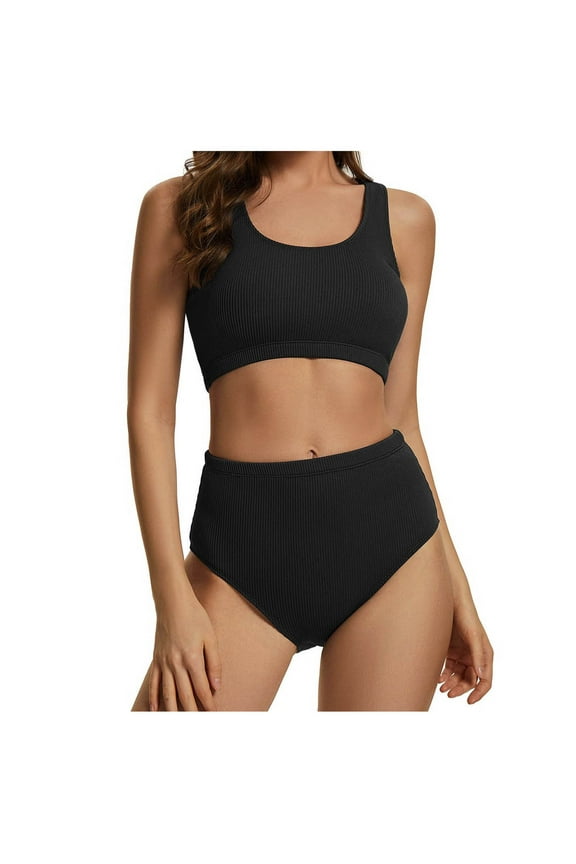 Women's Athletic High Waisted Bikini Sets Two Piece Sport Scoop Neck Cheeky Swimsuit