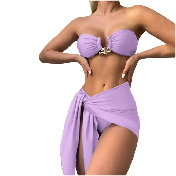Lopeceal Women's Bandeau Bikini Sets Buckle Strapless Lace Up High Cut 3 Piece Swimsuit Solid Bathing Suit