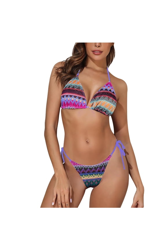 Women's Bikini Sets Halter Neck Crochet Colorblock Two Piece Swimsuits Open Back Sexy High Cut Thong Bathing Suit