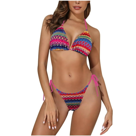 Lopeceal Women's Bikini Sets Halter Neck Crochet Colorblock Two Piece Swimsuits Open Back Sexy High Cut Thong Bathing Suit
