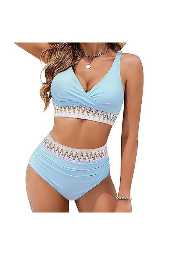 Women's Bikini Sets High Waisted Bikini Sets Tummy Control Swimsuits V Neck Color Block Two Piece Bathing Suit