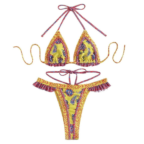 Lopeceal Women's Boho Floral Geo Print Tie Halter Frill Bikini Sexy Bathing Suit