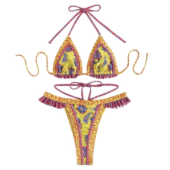 Lopeceal Women's Boho Floral Geo Print Tie Halter Frill Bikini Sexy Bathing Suit