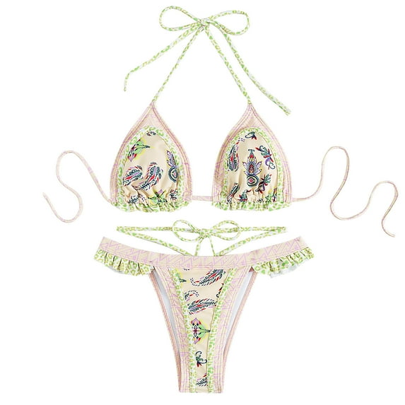 Lopeceal Women's Boho Floral Geo Print Tie Halter Frill Bikini Sexy Bathing Suit