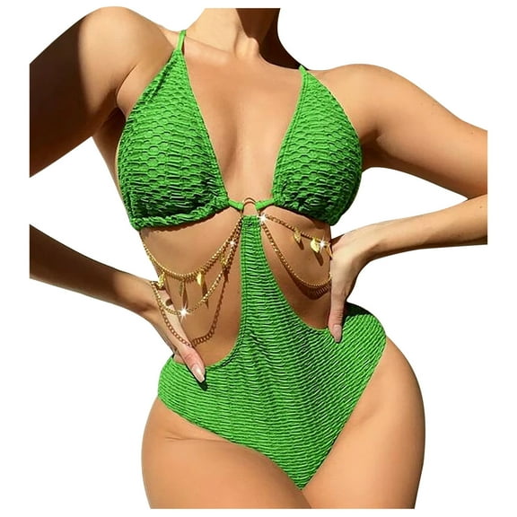 Lopeceal Women's Chain Linked Cut Out Halter One Piece Swimsuit Tummy Control Bathing Suit