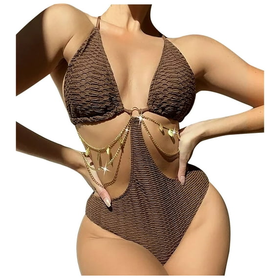 Lopeceal Women's Chain Linked Cut Out Halter One Piece Swimsuit Tummy Control Bathing Suit