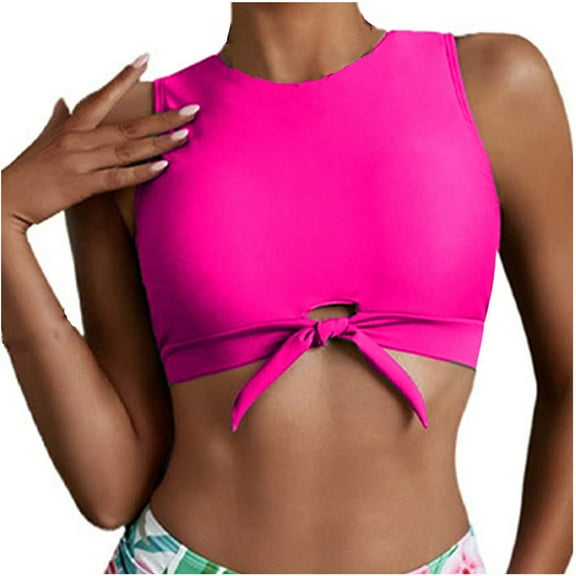 Lopeceal Women's Cut Out Tie Knot Front Scoop High Neck Tank Crop Top Bikini Swimsuit Top Only