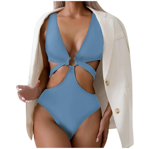 Lopeceal Women's Deep V Neck One Piece Swimsuit O-Ring Swimwear Sexy Cut Out Bathing Suit