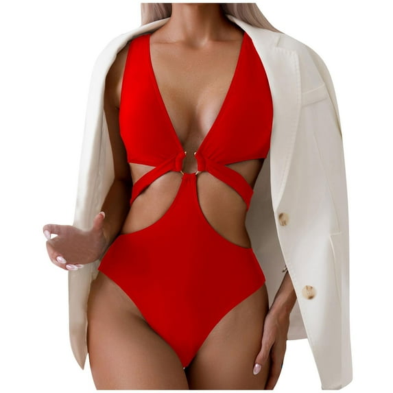 Lopeceal Women's Deep V Neck One Piece Swimsuit O-Ring Swimwear Sexy Cut Out Bathing Suit