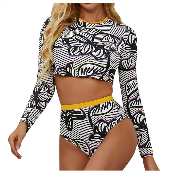 Lopeceal Women's Fashion Pattern Long Sleeve Tankini Sets UPF 50  Rash Guard Swimsuit Swimwear