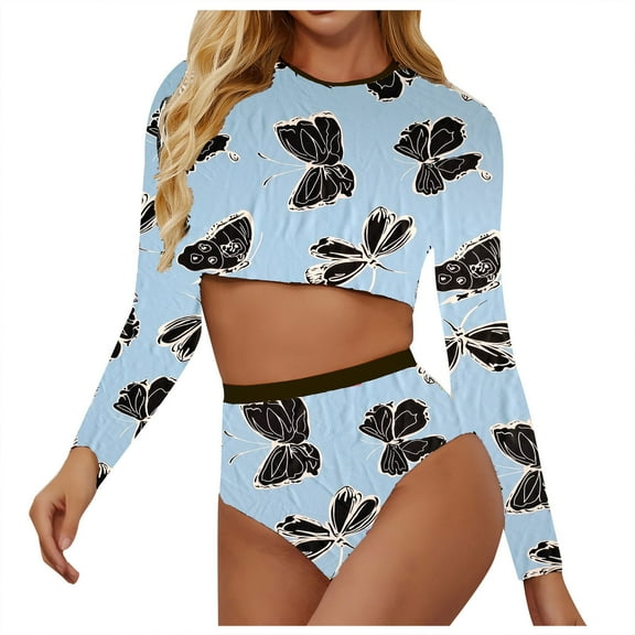 Lopeceal Women's Fashion Pattern Long Sleeve Tankini Sets UPF 50  Rash Guard Swimsuit Swimwear