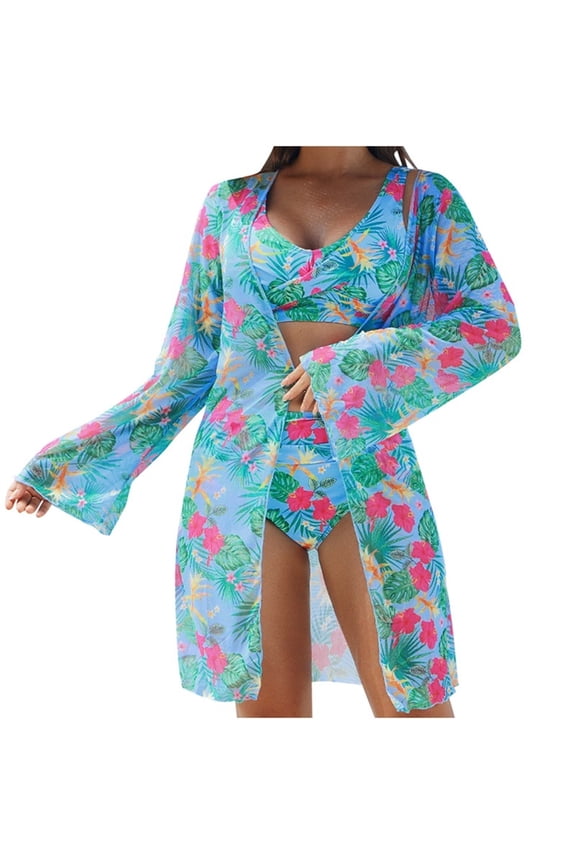 Women's Floral 3 Piece Hawaiian Outfits Beach Kimono Cardigans Cover Ups Crop Cami Tops Boy Shorts Tankini Swimsuit