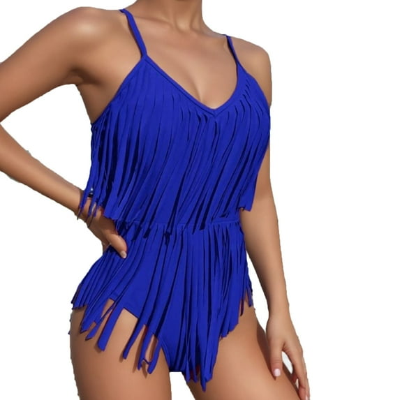 Lopeceal Women's Fringe Trim One Piece Swimsuits Sexy Spaghetti Strap Sleeveless Bathing Suits Tummy Control V Neck Swimwear