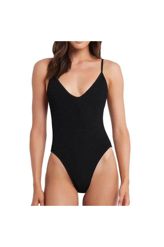 Women's One Piece Swimsuit Ribbed Open Back Bathing Suit Tummy Control Scoop Neck Adjustable Straps High Cut Swimwear