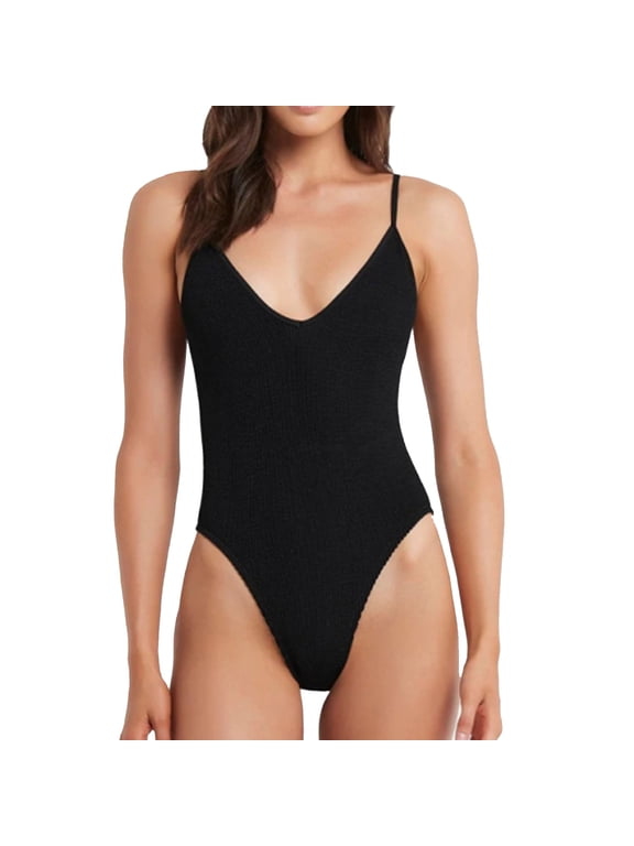 Women's One Piece Swimsuit Ribbed Open Back Bathing Suit Tummy Control Scoop Neck Adjustable Straps High Cut Swimwear