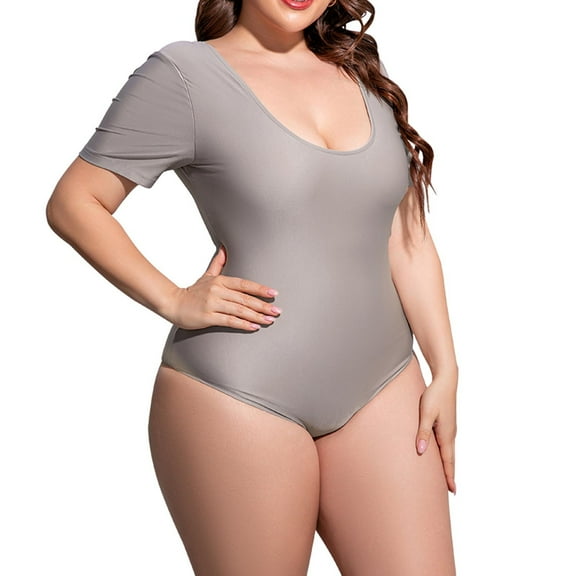 Lopeceal Women's One Piece Swimsuit Scoop Neck Beach Swimwear Short-Sleeve Stretchy Hide Belly Summer Bathing Suits Plus Size