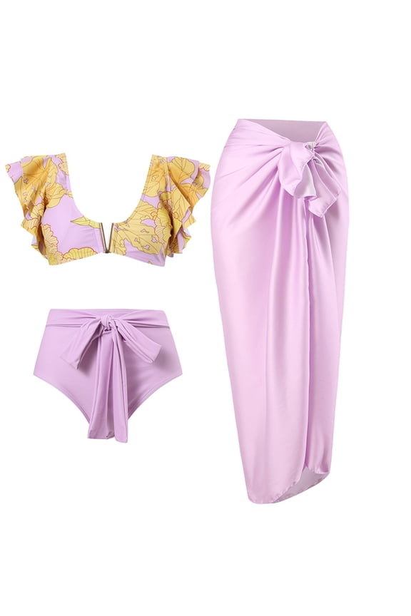 Women's One Piece Swimsuit with Beach Cover up Wrap Skirt Sarong Retro Floral Print Bikini Set Two Piece Bathing Suit