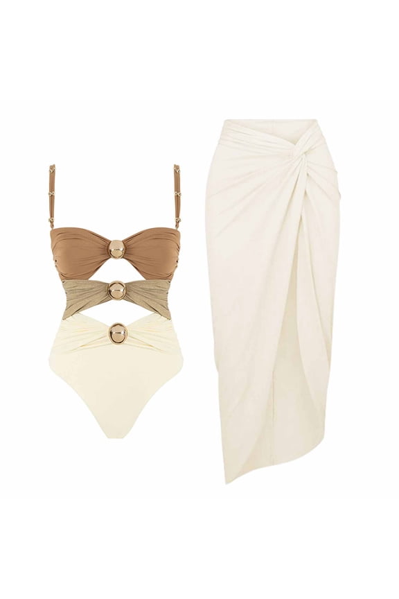 Women's One Piece Swimsuit with Cover up Set Beach Wrap Skirt Retro Bikini Set Two Piece Bathing Suit with Cover up