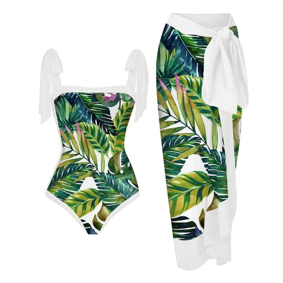 Lopeceal Women's One Piece Swimsuit with Matching Cover Ups Wrap Skirt Sarong Retro Floral Print Two Piece Bathing Suit