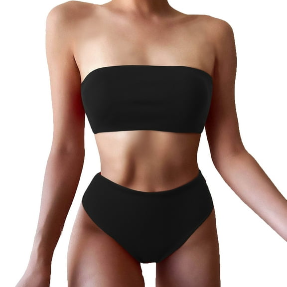Lopeceal Women's Ribbed High Waisted Bikini Set Removable Strap Bandeau Swimsuit