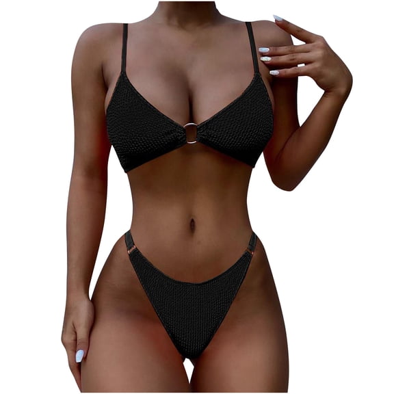 Lopeceal Women's Ribbed O-Ring String Bikini Swimsuit Cheeky Thong Swimwear Two Pieces Bathing Suit