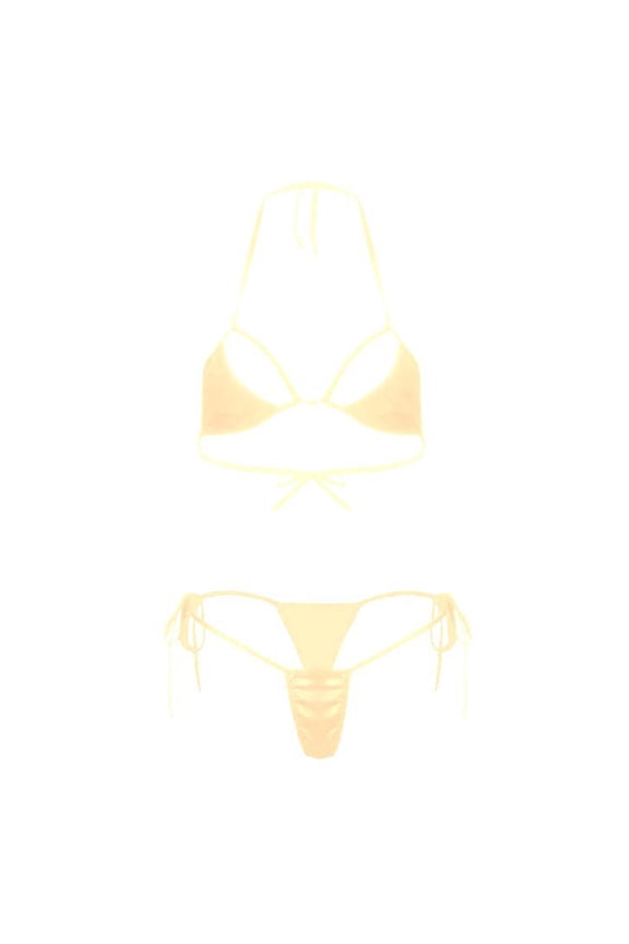 Women’s Sheer Extreme Swimsuit Bikini Halterneck Top and Tie Sides Micro Bikini Thong Sets